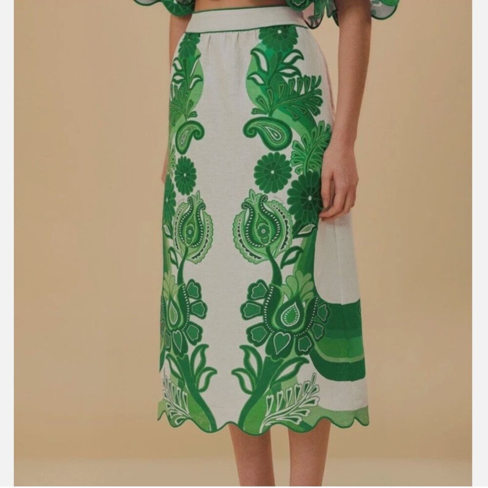 FARM Rio Color Festival Linen Midi Skirt, Green, NWT 🇧🇷 - Picture 4 of 16